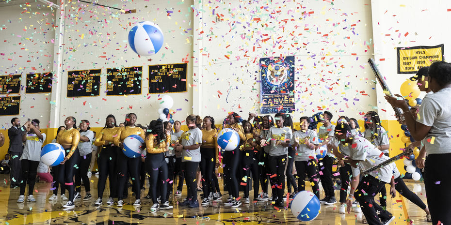 Students at Carver Elementary in North Philadelphia celebrate in a gymnasium