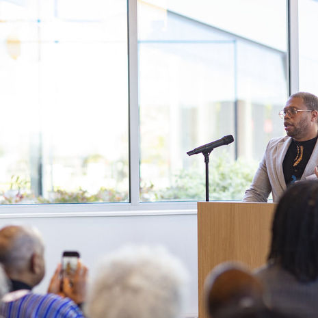 Timothy Welbeck speaking at the opening of the Center for Anti-Racism