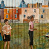 Mural painting of students playing jump rope in a city park