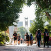 Students walking in front of Bell Tower