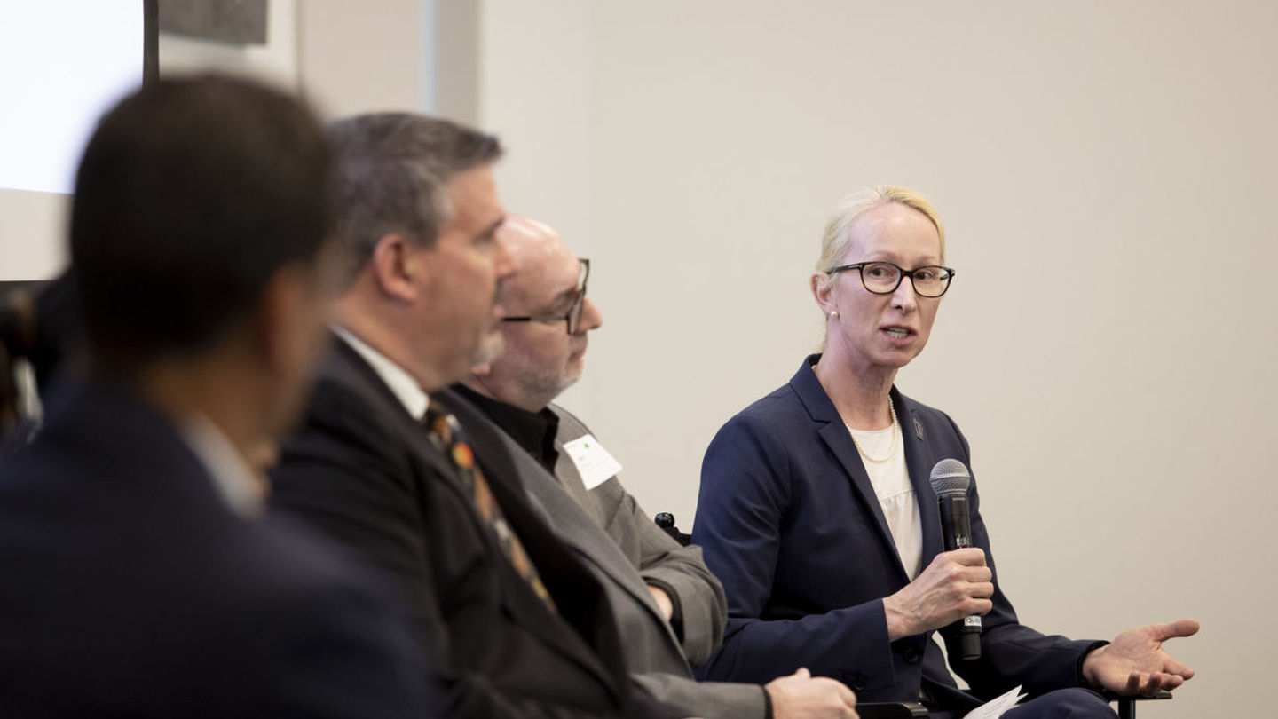 At a recent forum hosted by the Chamber of Commerce of Greater Philadelphia, Vice President for Public Safety Jennifer Griffin described the various ways Temple addresses student safety, including a public safety app, walking escorts, a shuttle system, grants for private landlords to install lighting or cameras to improve security, and investment in a strong partnership with the Philadelphia Police Department.
Jennifer Griffin and others speak at a Chamber of Commerce forum.