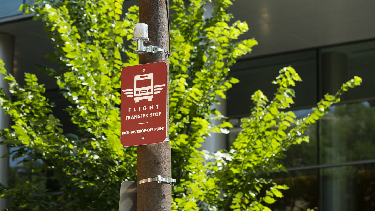 With the addition of the new East Loop, Temple’s Flight shuttle system will provide service to more than 50 stops located within the university’s patrol zone. An image of the Flight transfer stop sign.