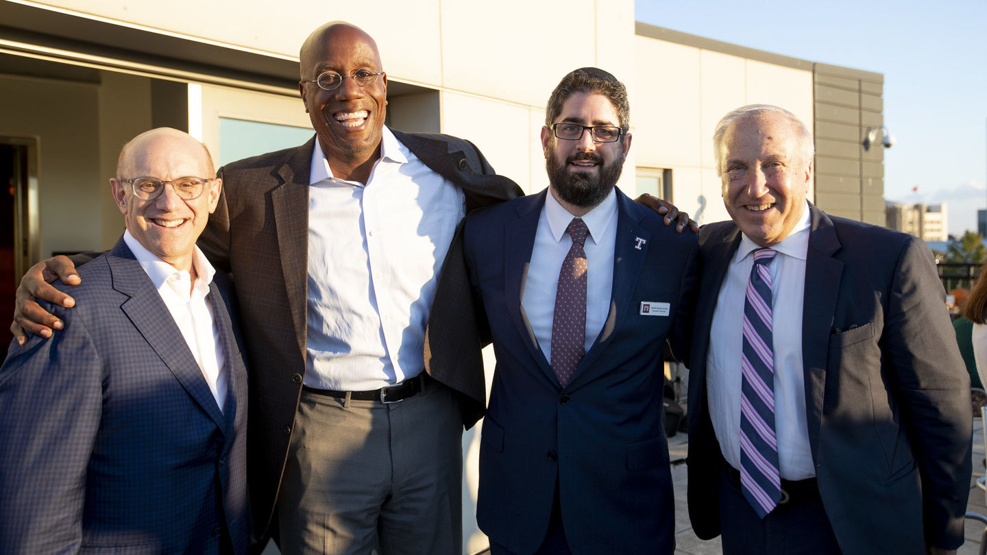 Board member Jon Broder, President Jason Wingard, Hillel Executive Director Rabbi Daniel Levitt and board Chair Mitch Morgan celebrated at the Temple Hillel reception honoring Professor Edward Newman. Jon Broder, Jason Wingard, Rabbi Daniel Levitt and Mitch Morgan