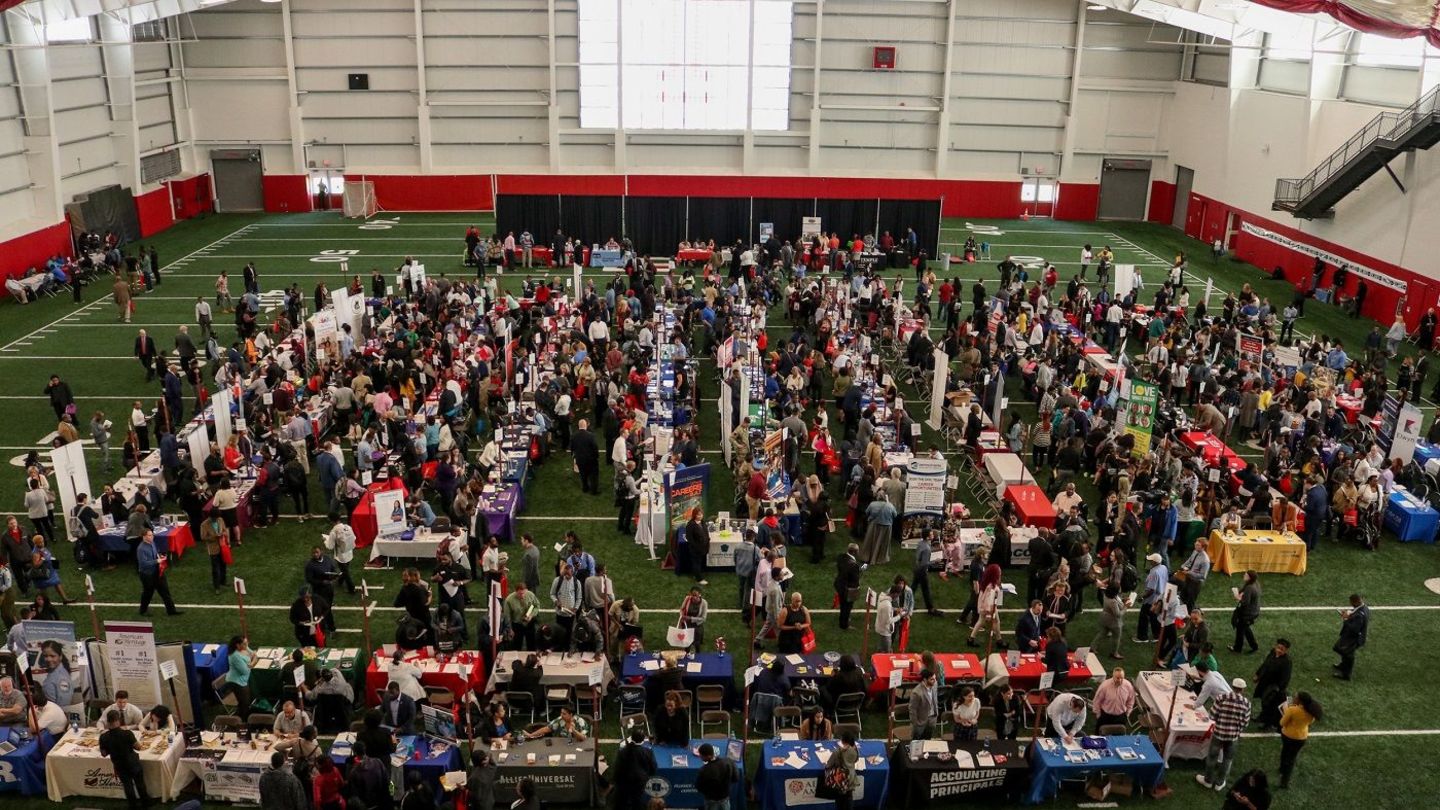 The 16th annual Neighborhood Job Fair and Resource Village is sponsored by Temple University’s Lenfest North Philadelphia Workforce Initiative, the Pennsylvania Legislative Black Caucus and Radio One. Image of job seekers at Temple University Aramark STAR Complex.