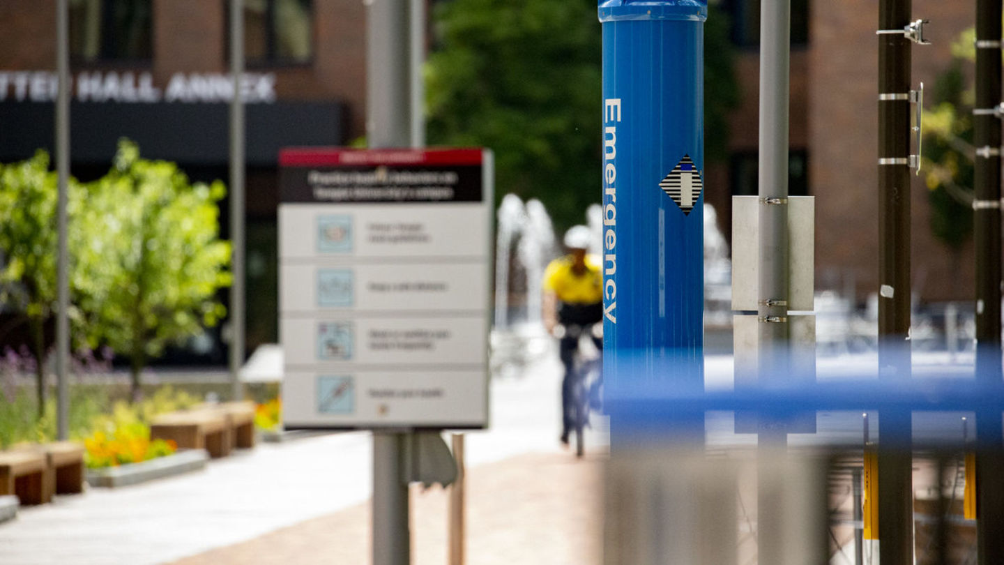 Within the new Safety Initiatives Dashboard, users can view a brief summary of each recommendation, along with its current status, while also gaining a closer look at how each recommendation aligns with the university’s priorities. An emergency code blue phone pictured.