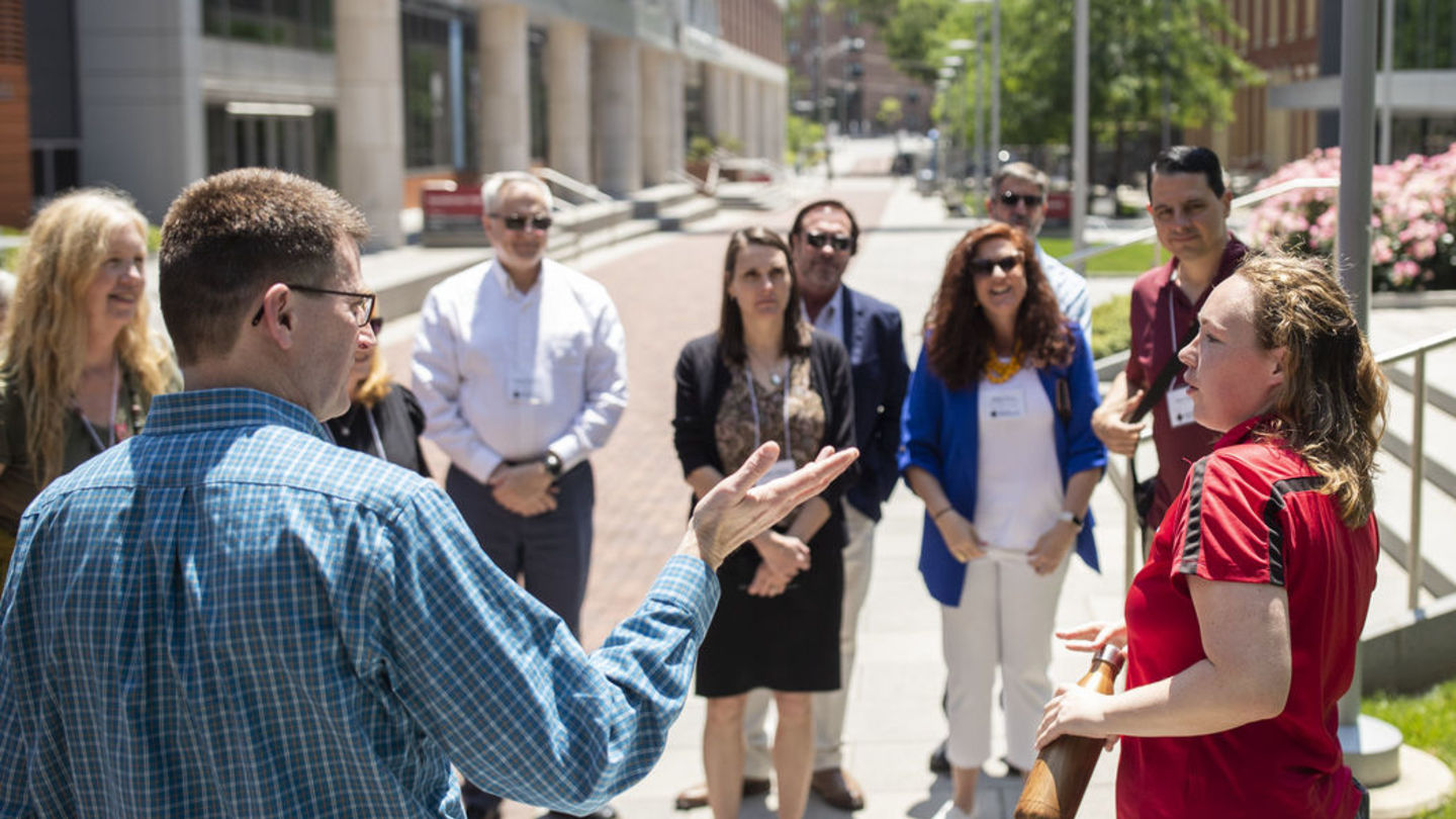 Members of UERU took time during their three-day meeting to enjoy Philadelphia and Temple’s campus, including a tour led by a student guide. Image of group of higher ed leaders touring Temple’s campus