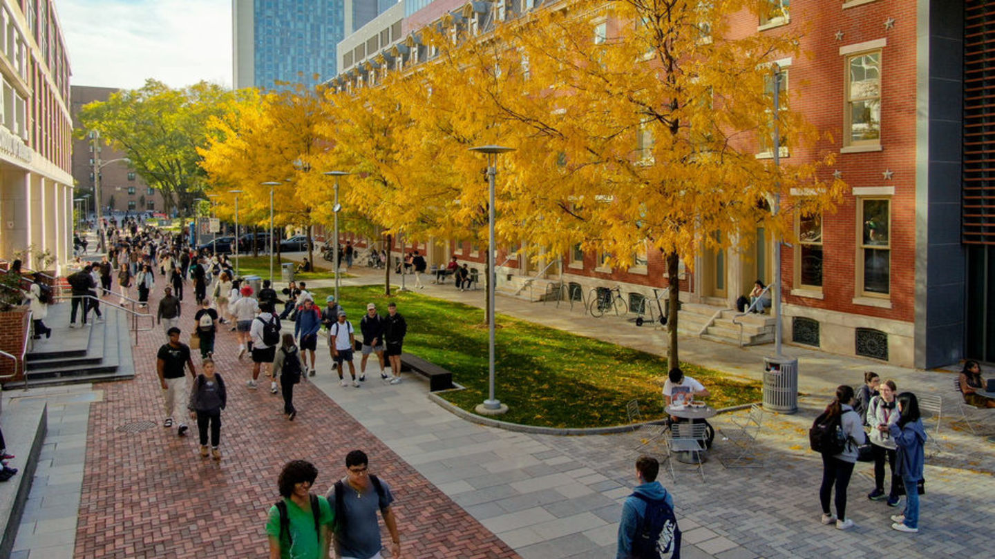 Students walking on Temples Main Campus in the fall